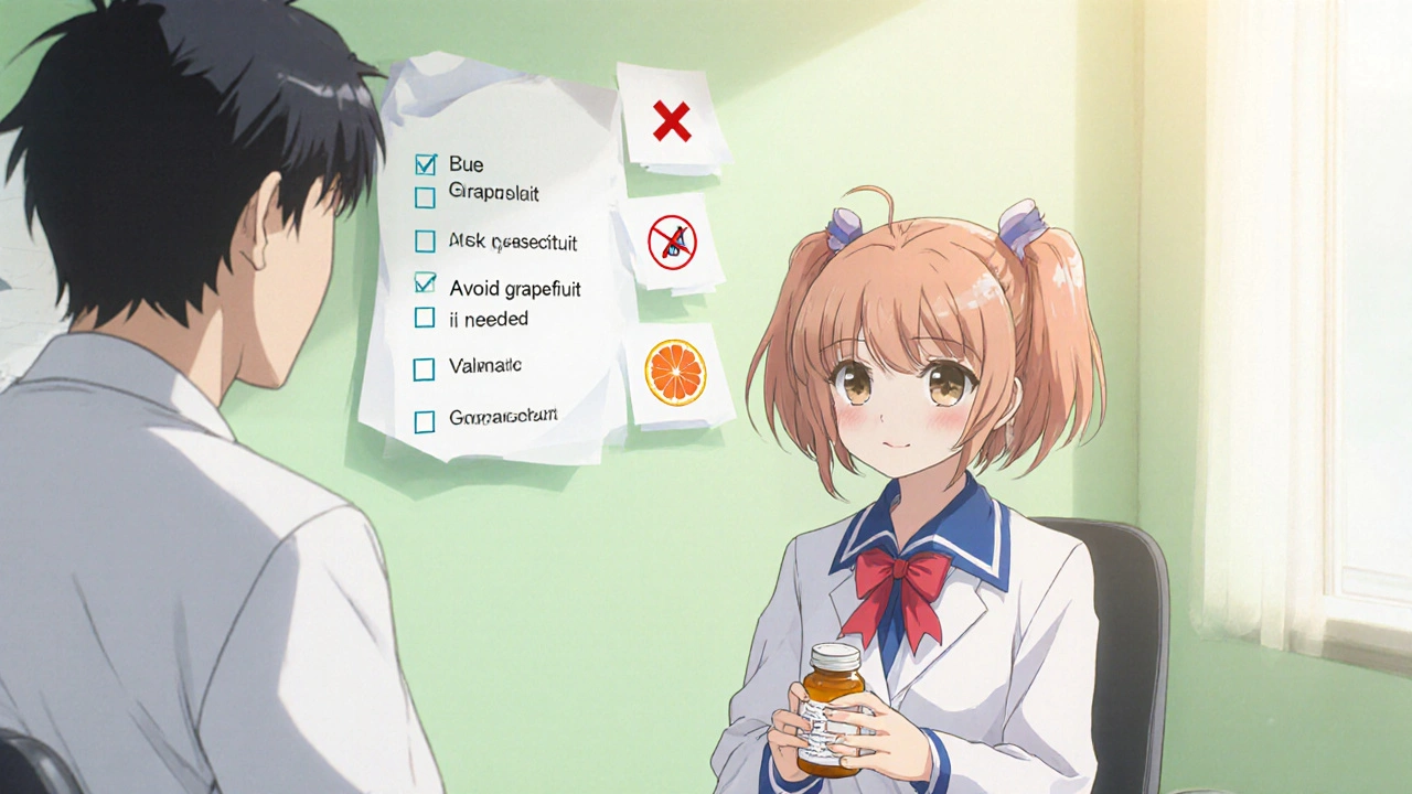 Anime medical scene with doctor counseling patient, showing a grapefruit warning checklist.