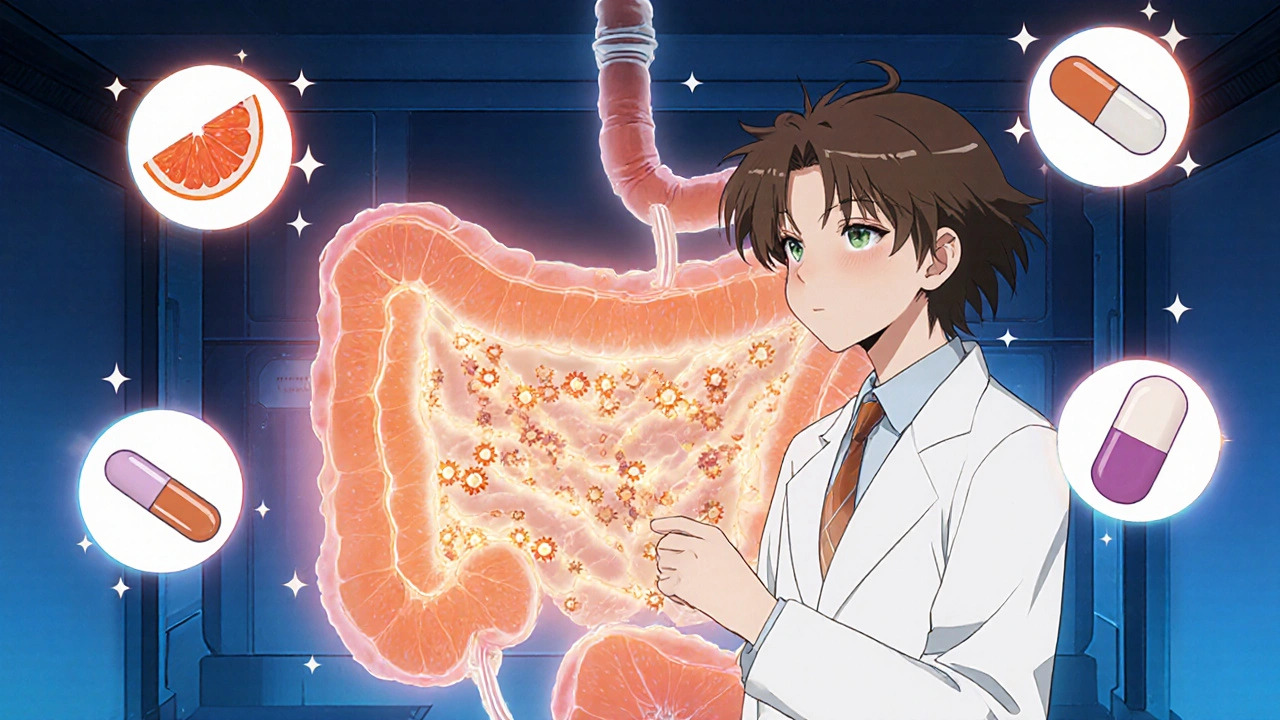 Anime scientist shows grapefruit aura blocking enzyme gears, with drug icons nearby.