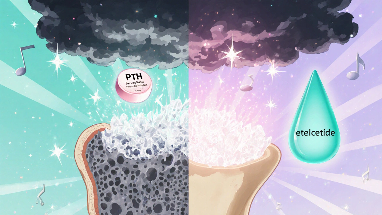 Bones gaining density as dark PTH clouds fade, with floating pill and IV droplet in soft anime style.