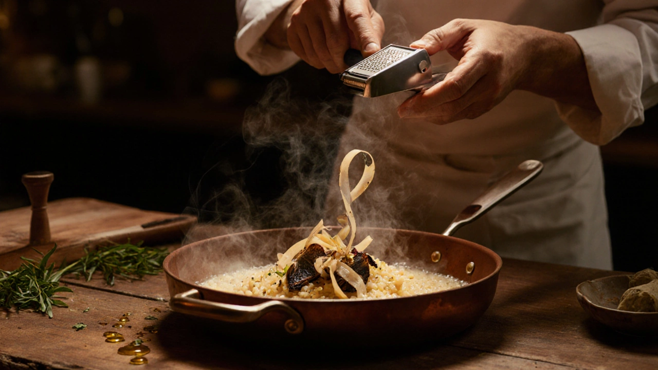 Chef shaving black truffle over warm risotto in a dimly lit kitchen.