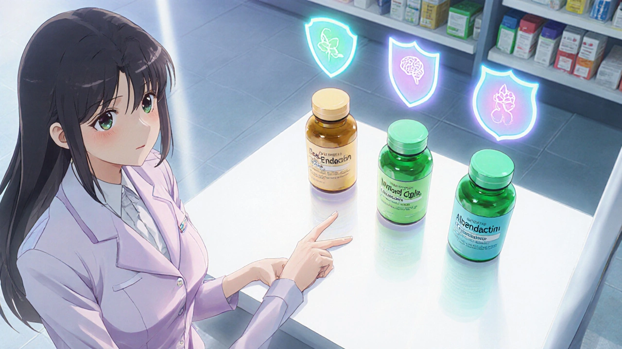 Clinician pointing at three pill bottles representing Moxidectin, Albendazole, and Doxycycline.