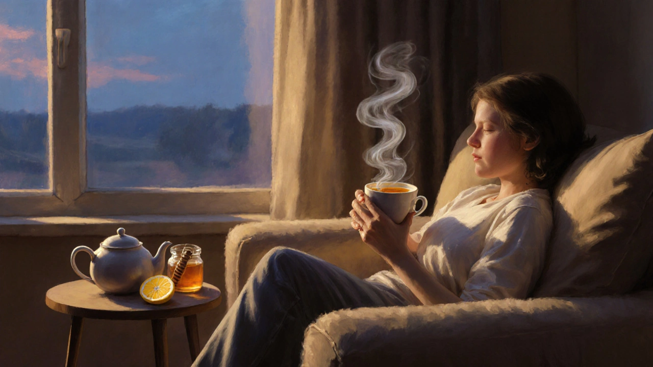 Cozy evening scene of someone relaxing with a mug of warm tea by a window.