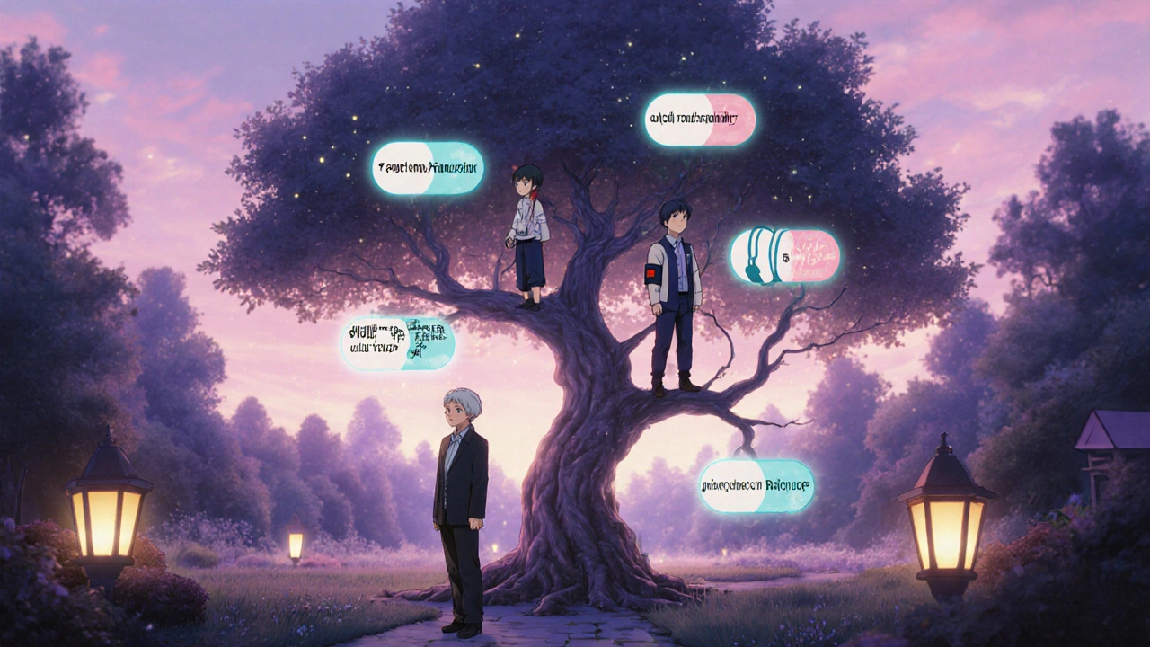 Decision‑tree garden scene with branching paths leading to capsules for various alpha‑blockers.