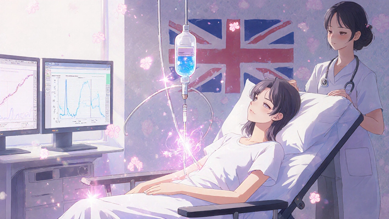 Dialysis patient receiving IV calcimimetic infusion, surrounded by gentle light and medical monitors.