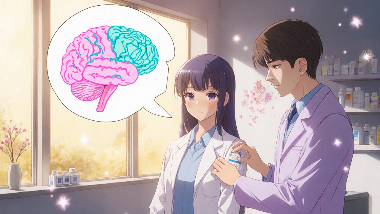 Doctor applying a Selegylene patch to a patient with a brain illustration of dopamine.
