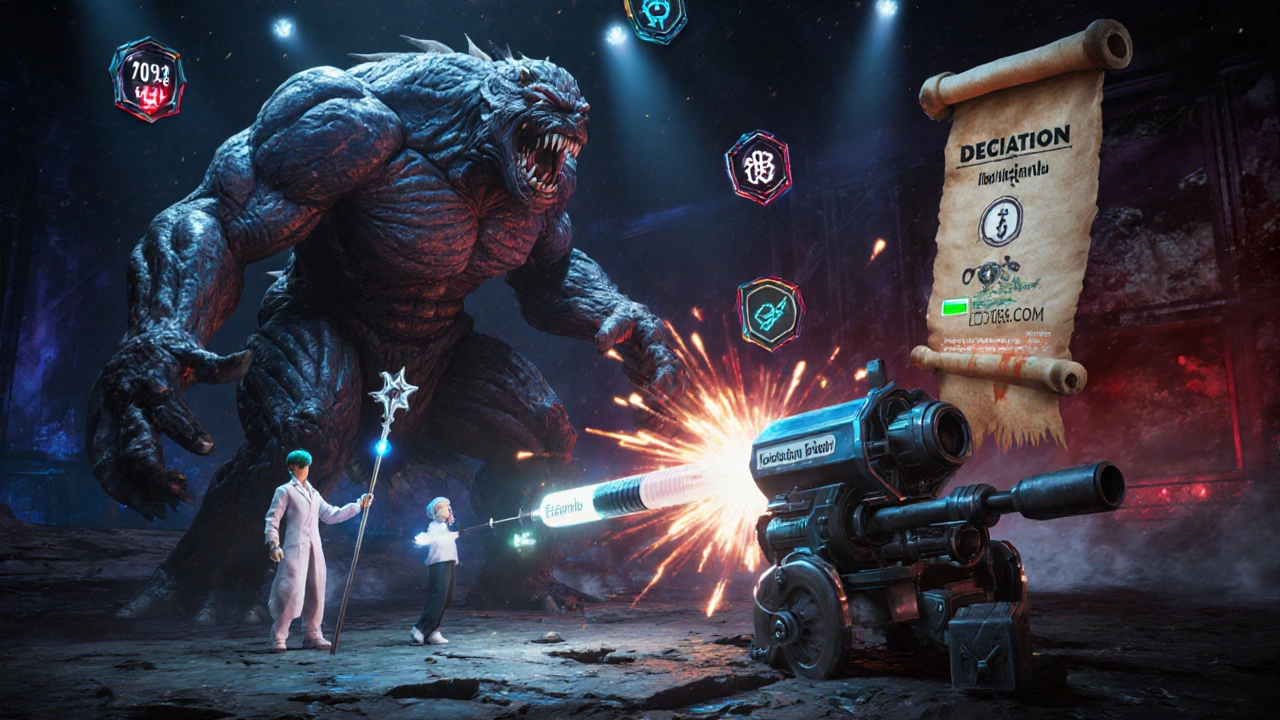 Doctor avatar uses ezetimibe shield and PCSK9 inhibitor cannon against a large LDL monster.