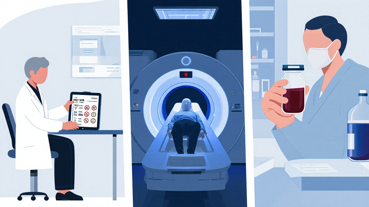Doctor gives cognitive test, MRI scanner, and blood test shown together.