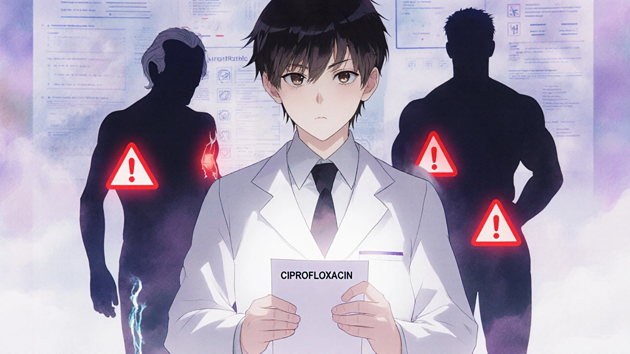 Doctor holding prescription while shadowy figures show tendon warning symbols.