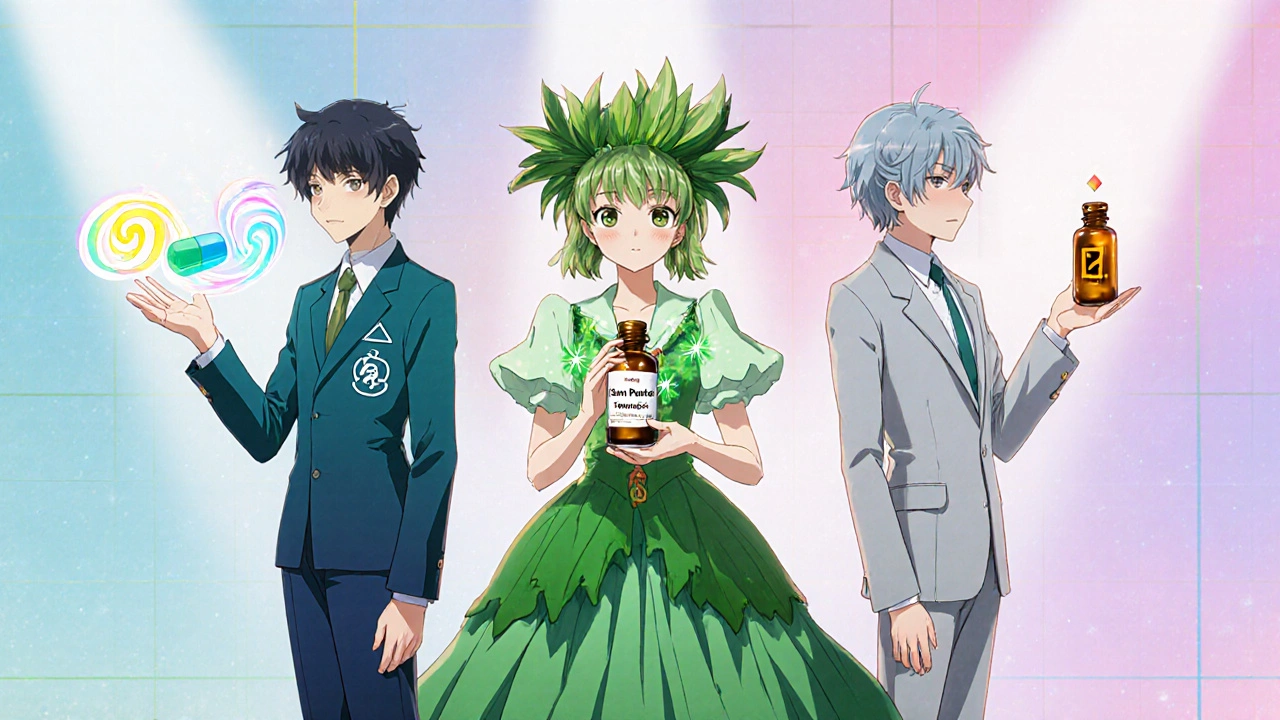 Four magical characters representing Avodart, finasteride, saw palmetto, and tamsulosin.