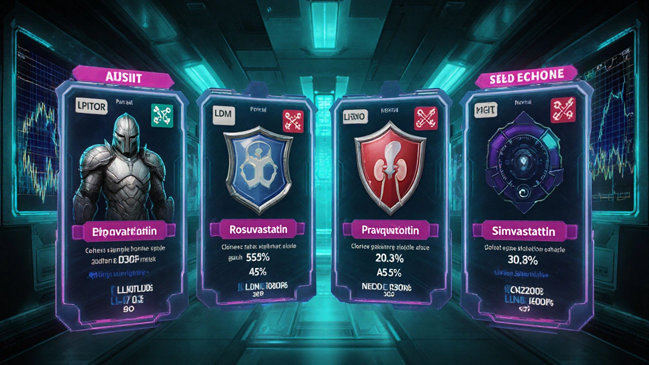 Four statin character cards with potency, side‑effect meters, and dosage icons displayed in a lab UI.