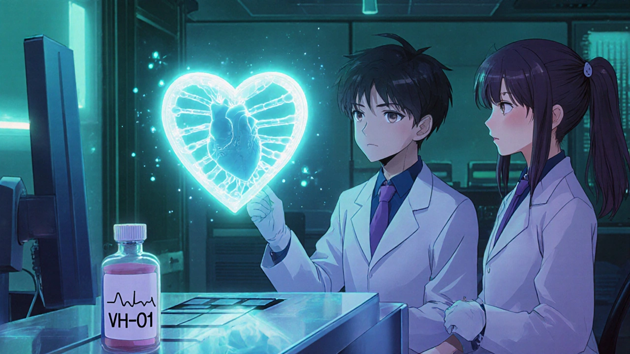 Futuristic lab scene with researchers, DNA helix, and new hydroxyzine analog beside a healthy heart.