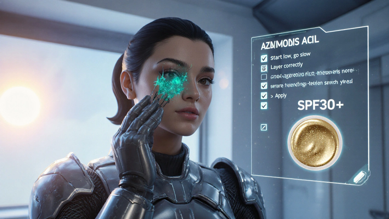 Game character applying azelaic acid gel, then moisturizer, with a floating HUD checklist of skincare steps.