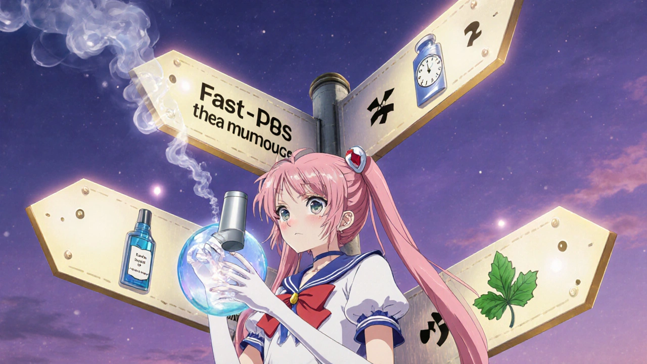 Girl stands at crossroads with icons for inhaler, tablet, steroid spray, and leukotriene tablet.