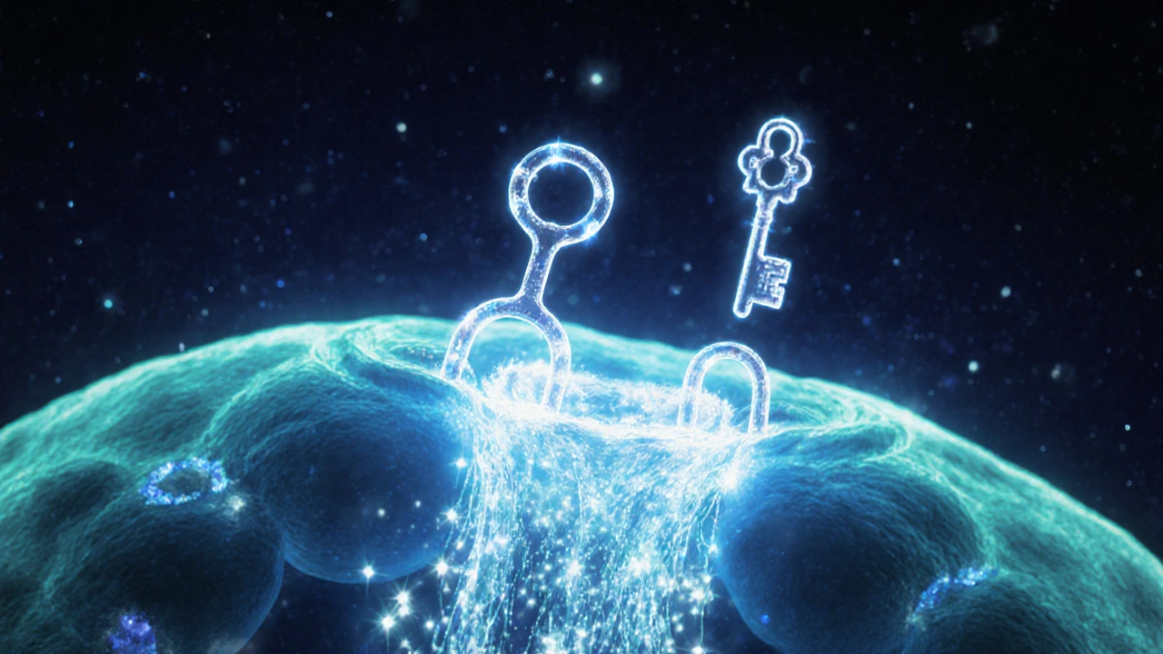 Glowing parasite cell with chloride channels being unlocked by sparkling Ivermectin keys.