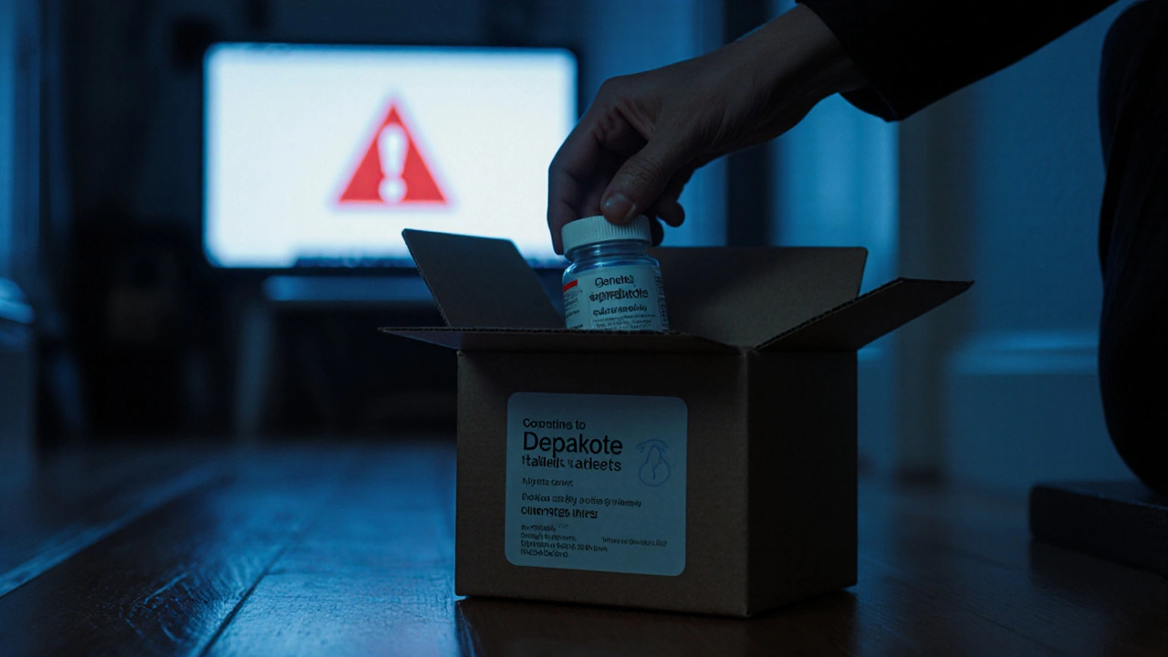 Hand inspecting a delivered box of generic Depakote tablets with caution symbols nearby.