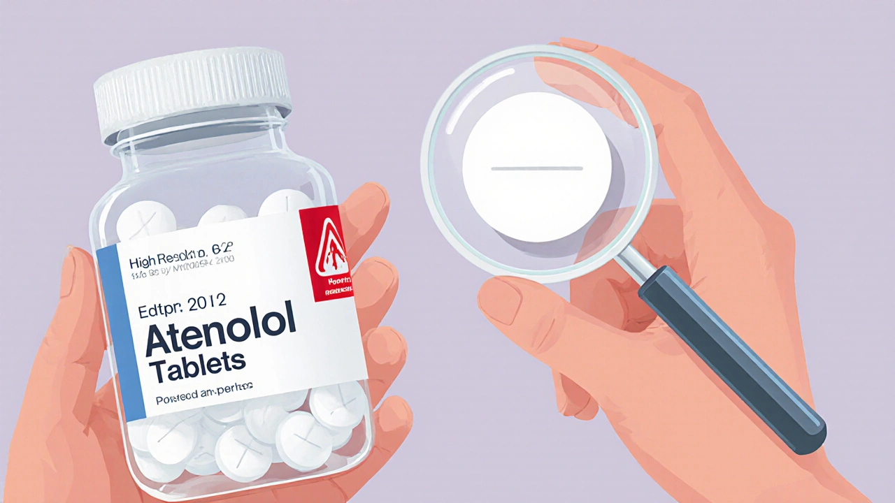 Hand inspecting atenolol bottle and tablets for authenticity.