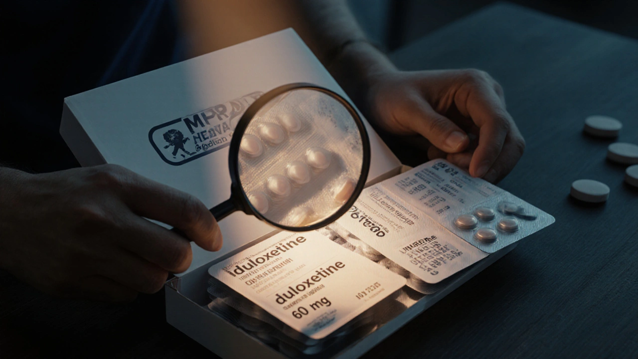 Hands opening a box, inspecting duloxetine tablets with a magnifying glass.