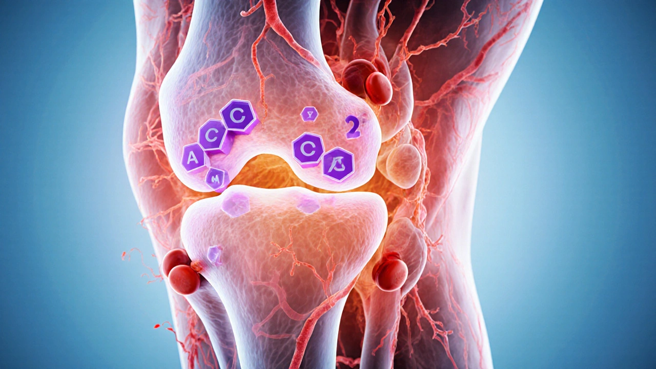 Illustration of a knee joint showing celecoxib binding to COX‑2 enzyme while non‑selective NSAIDs affect both COX enzymes.