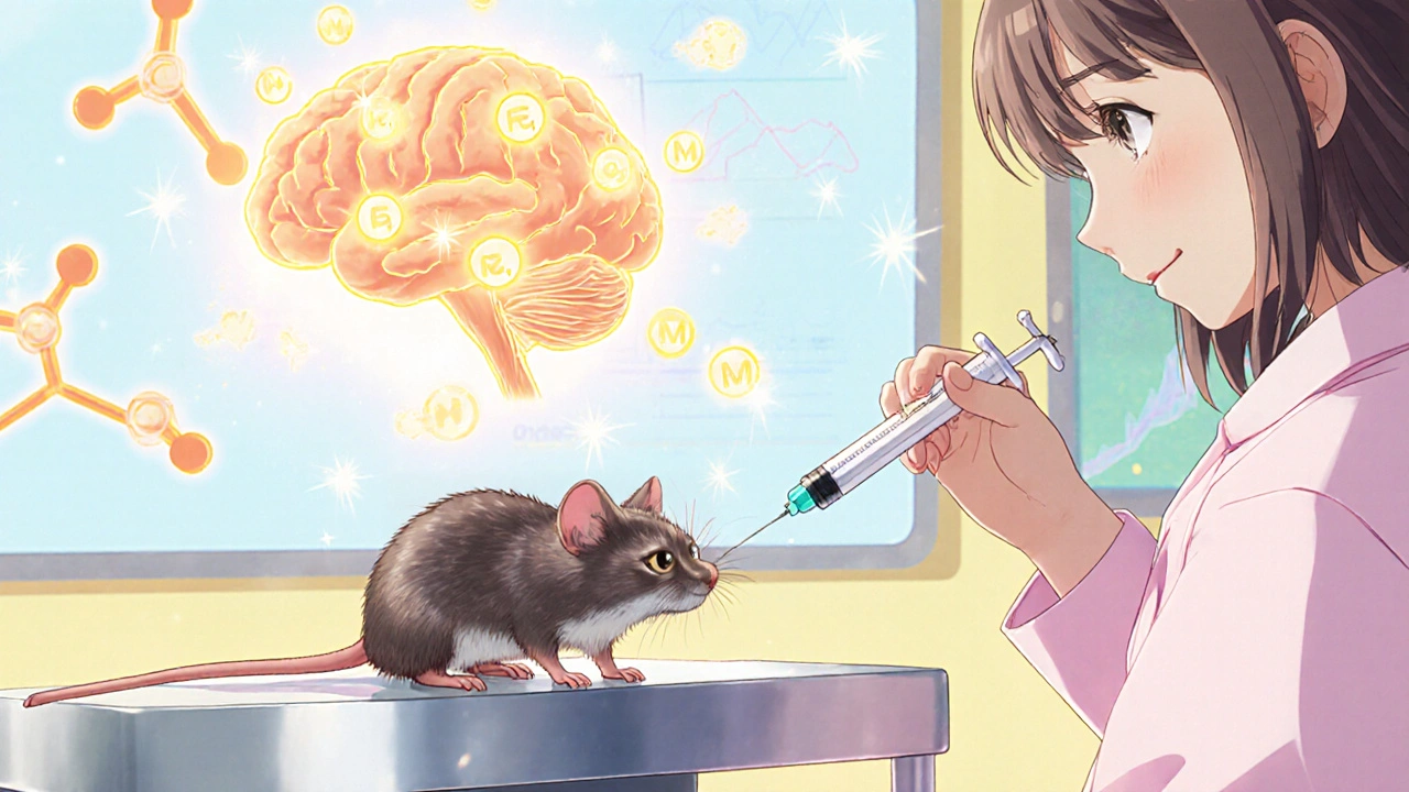 Laboratory mouse with dopamine icons showing neuroprotection during Selegiline study.