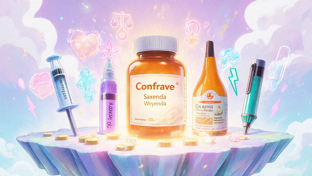 Magical lineup of weight‑loss meds: Contrave tablets, Saxenda syringe, Wegovy pen, Qsymia capsule, Orlistat bottle, Mounjaro injector.