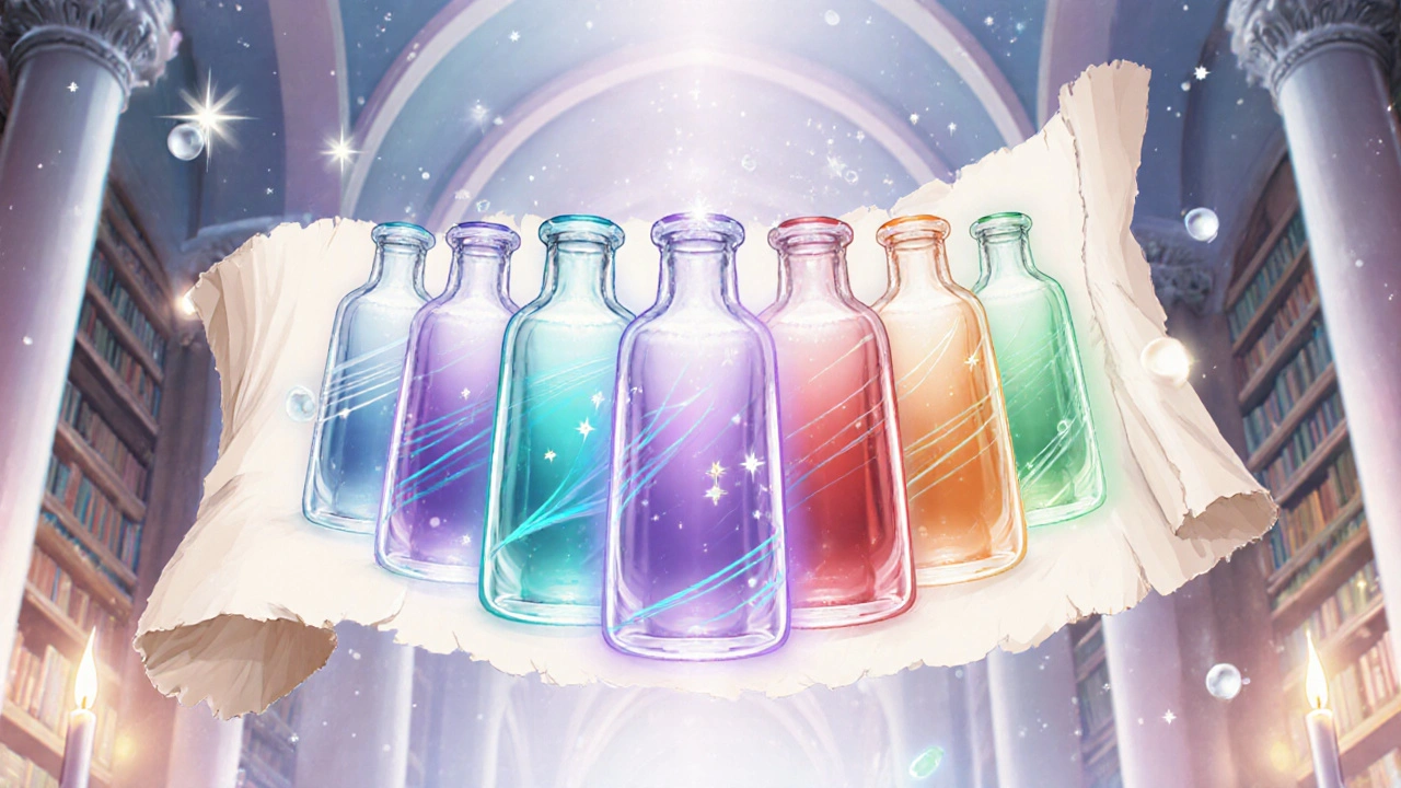 Magical parchment displays six glowing vials, each with distinct color cues for a drug.