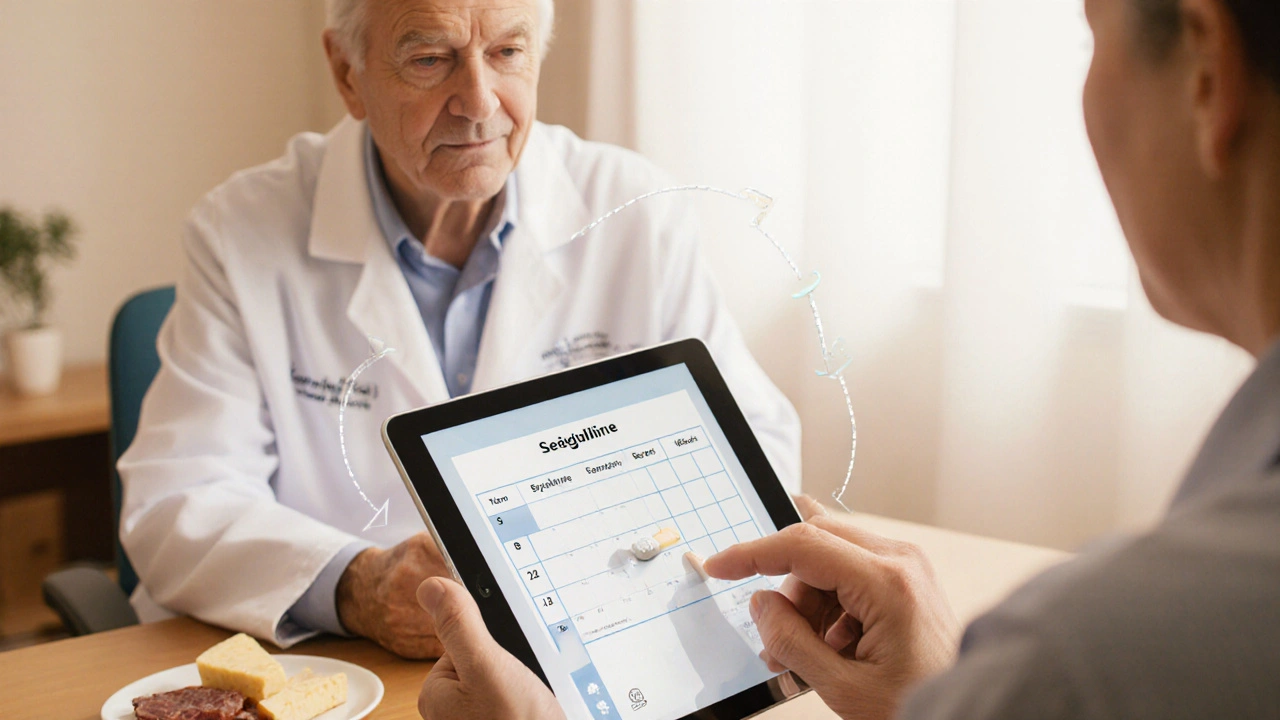 Neurologist consulting patient, showing medication transition from Selegiline to Rasagiline with cheese hint.