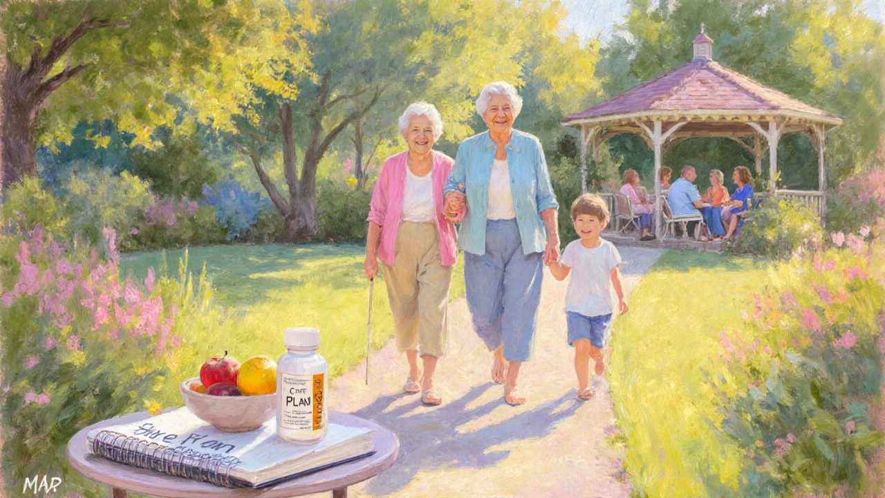 Older woman walks with child in garden; medication and support group nearby.