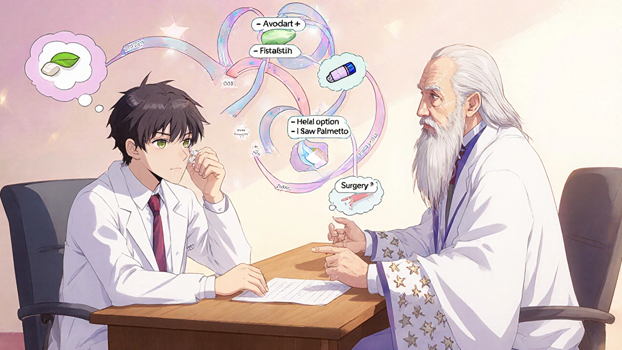 Patient consulting a magical doctor with a decision tree of BPH treatment options.