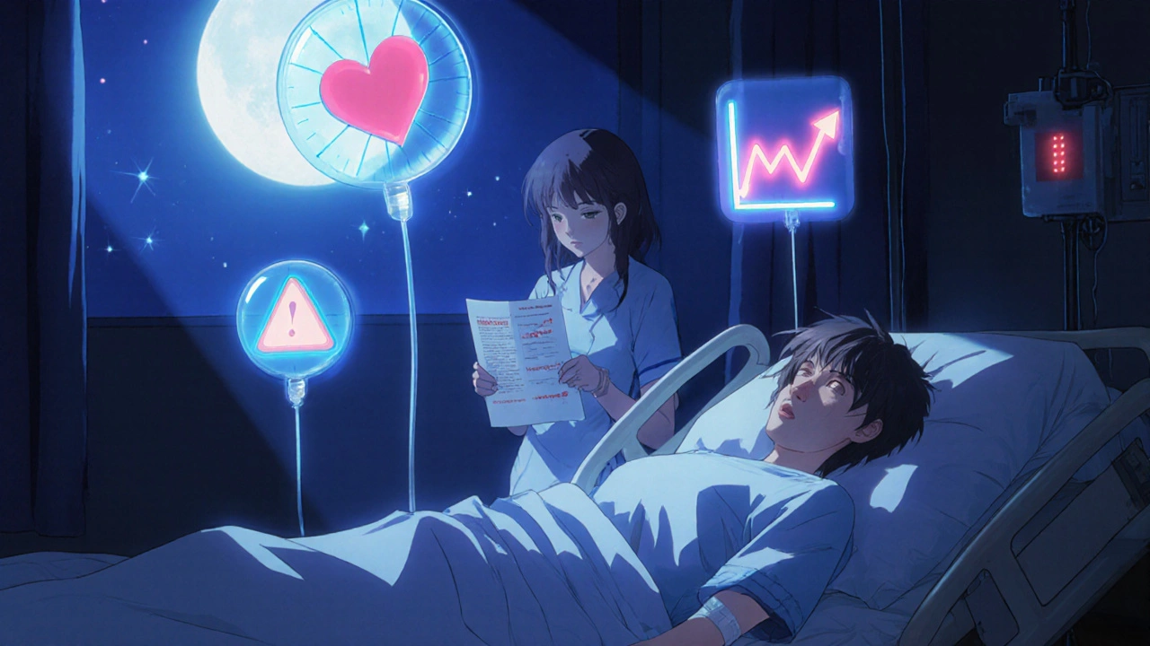 Patient in hospital with floating medical warning symbols above gurney