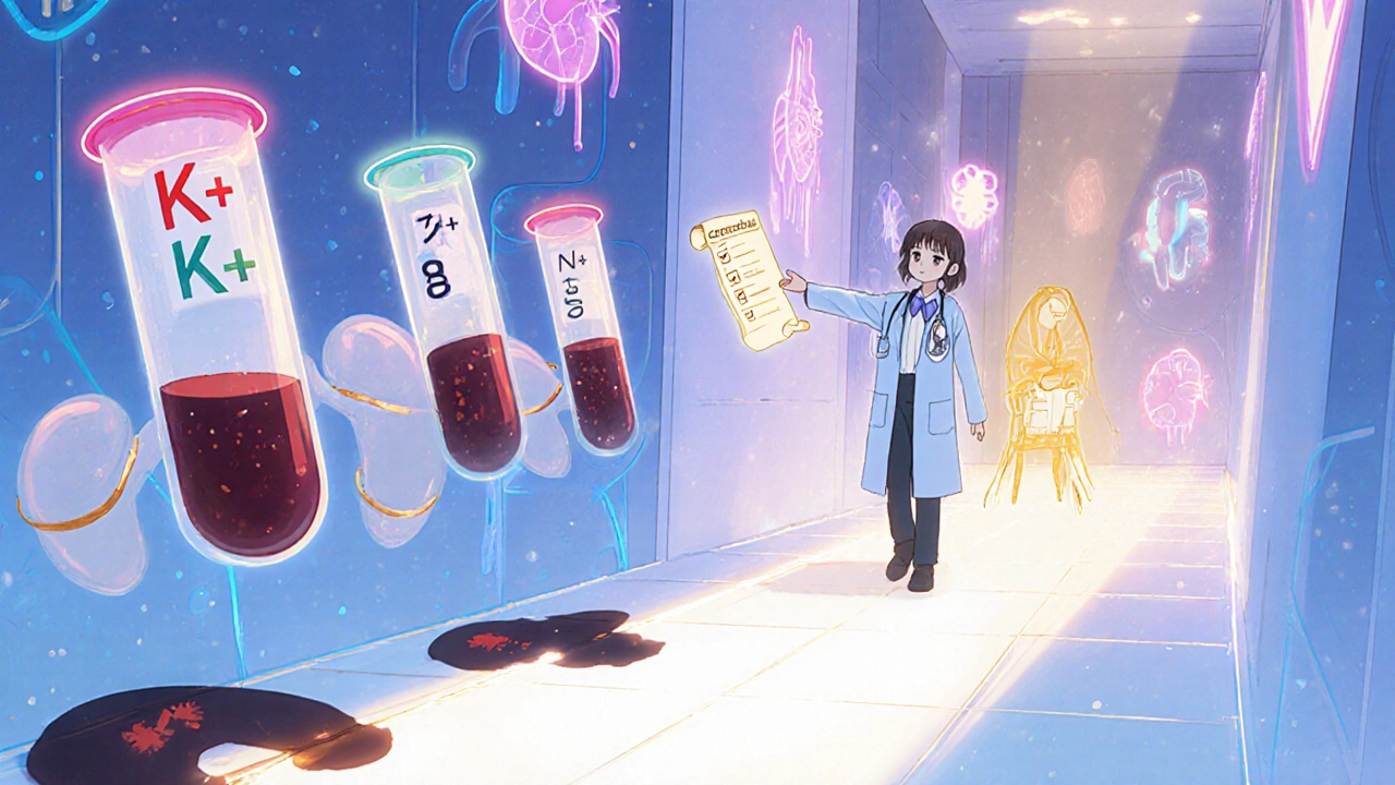 Patient walking through glowing lab with floating electrolyte warning symbols