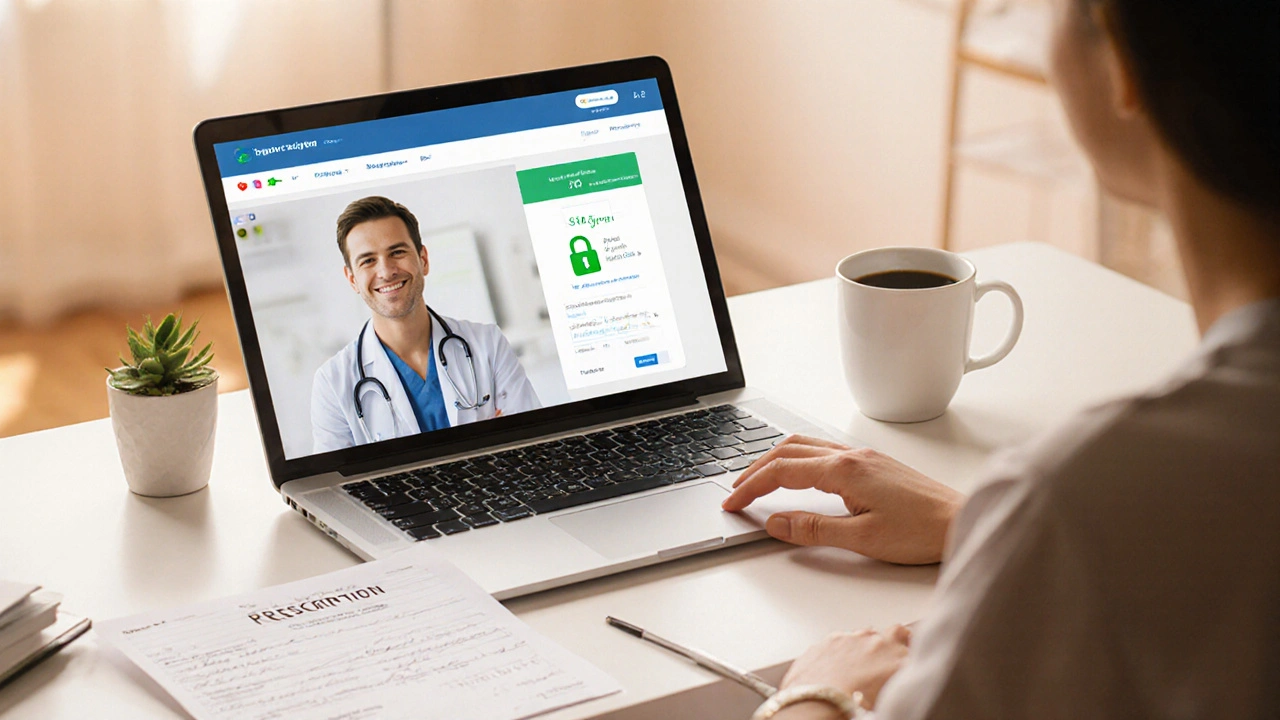 Person at a desk using a laptop for telehealth and ordering medication securely.