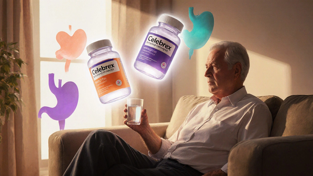 Person on sofa with floating Celebrex, ibuprofen and meloxicam bottles, highlighting medication choice.