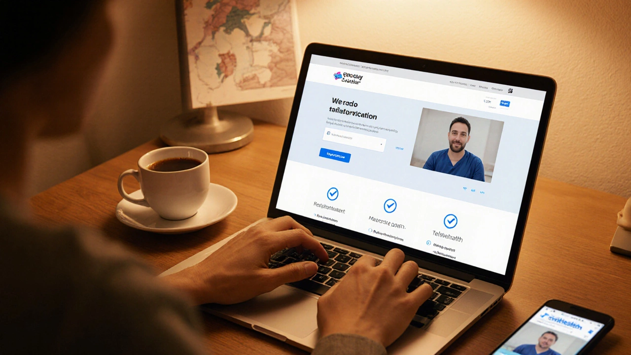Person ordering medication online with checks for license and prescription.