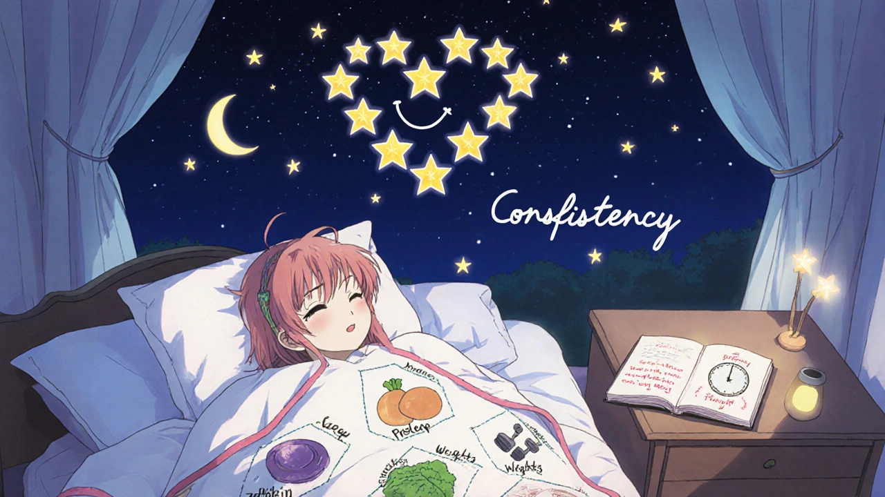 Person sleeping peacefully with symbols of healthy habits glowing above them in soft moonlight.