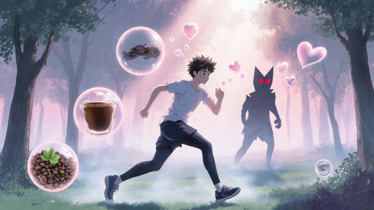 Person training at dawn surrounded by glowing supplements, with clenbuterol fading into shadows.