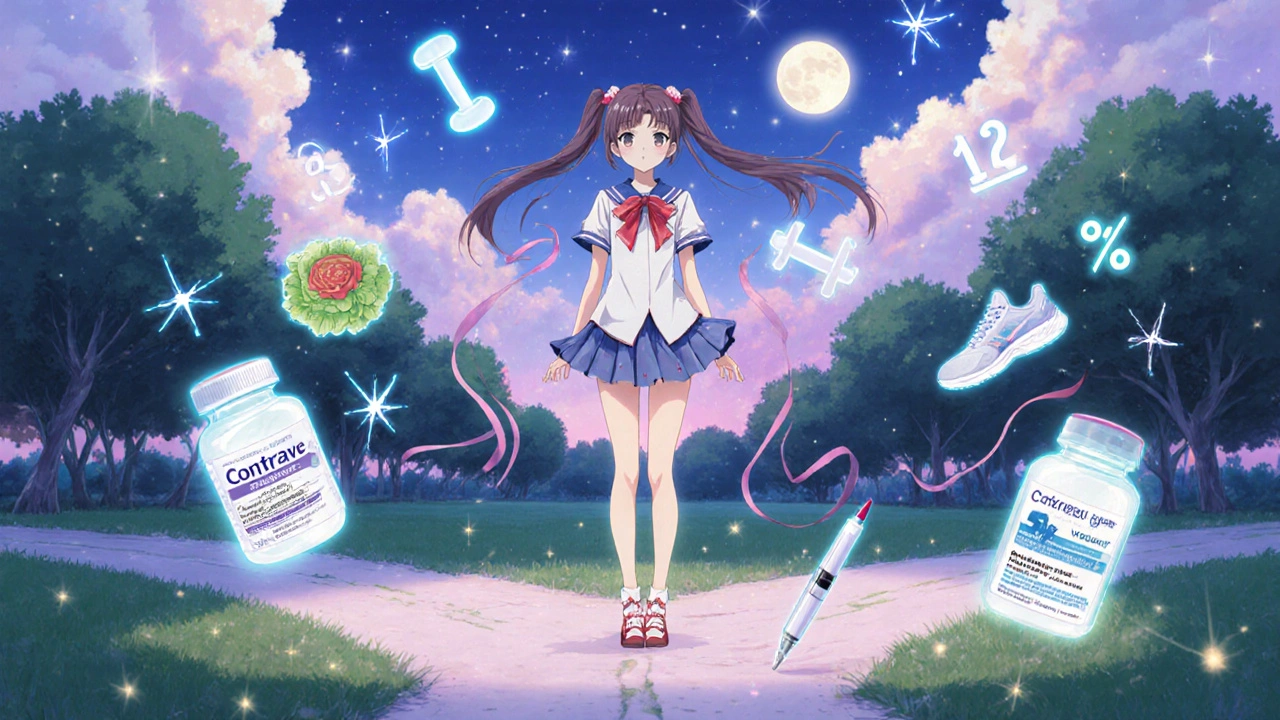 Protagonist at a twilight crossroads choosing between a pill bottle and an injection pen, with floating weight‑loss percentages.