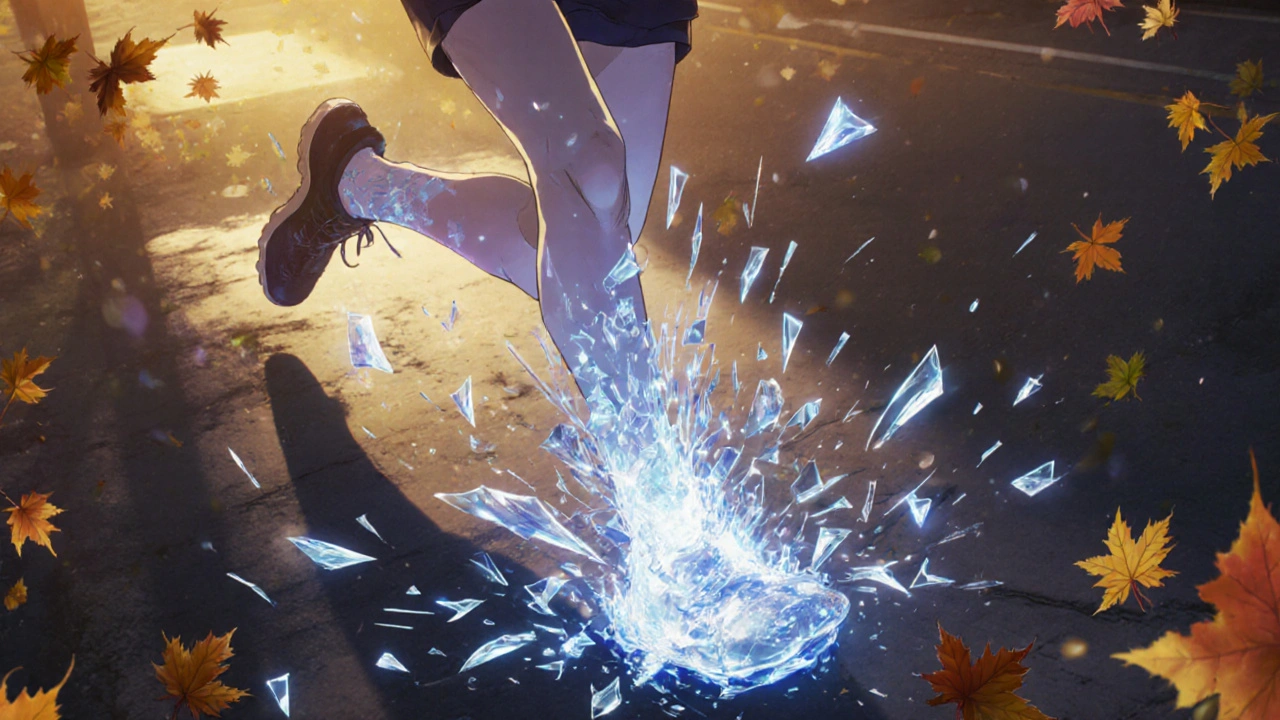 Runner's tendon shattering into glowing shards as alternative antibiotics glow nearby.