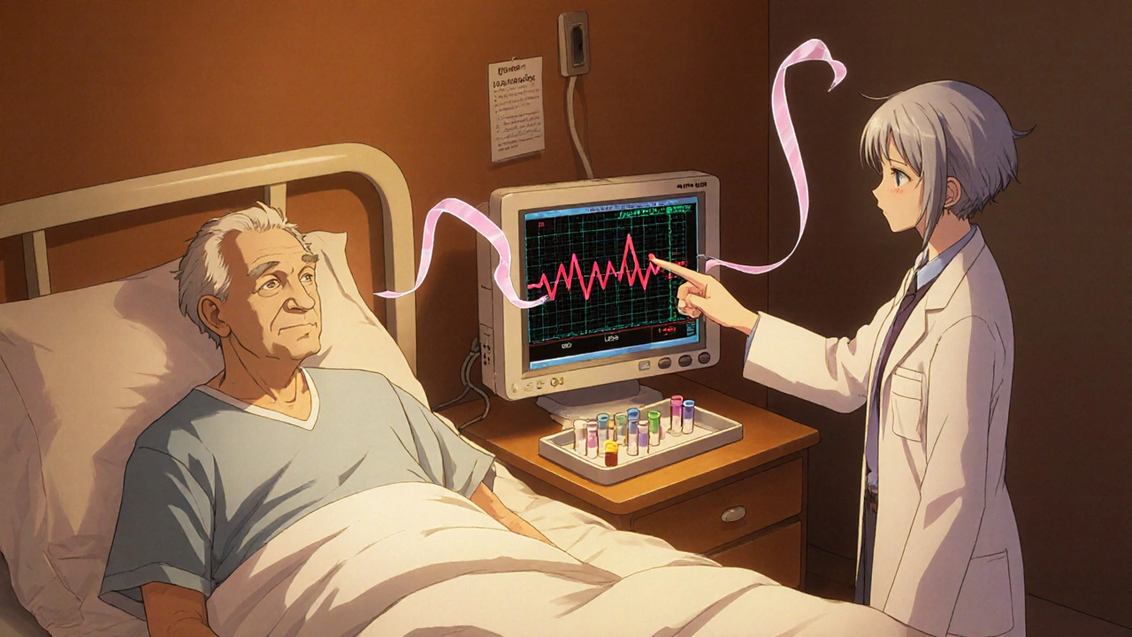 Senior patient with ECG display showing extended QT interval, doctor reviewing.