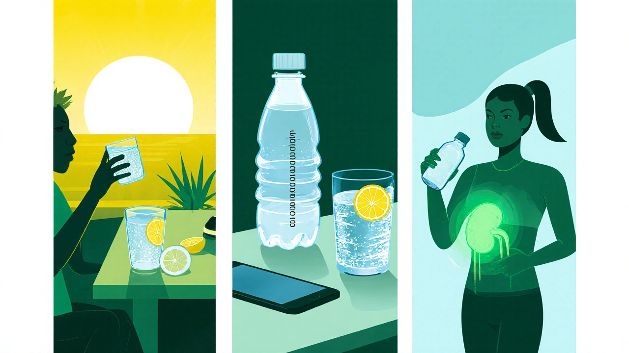 Three‑panel illustration of morning lemon water, desk bottle with reminders, and athlete with electrolyte drink.