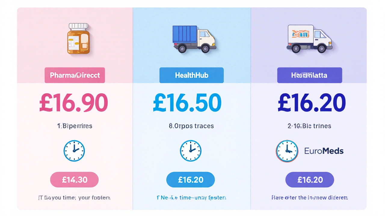 Top‑down pastel chart comparing prices and shipping for three pharmacies.