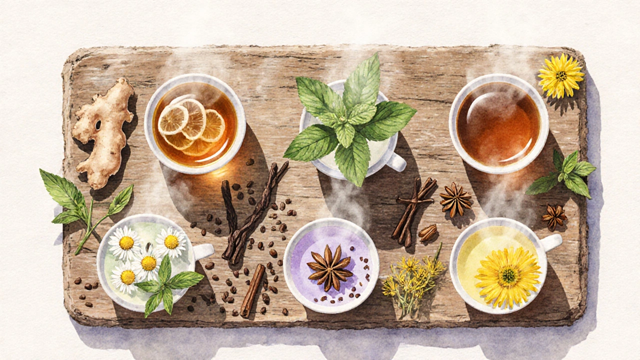 Top-down view of seven herbal tea cups with their ingredients on a wooden board.