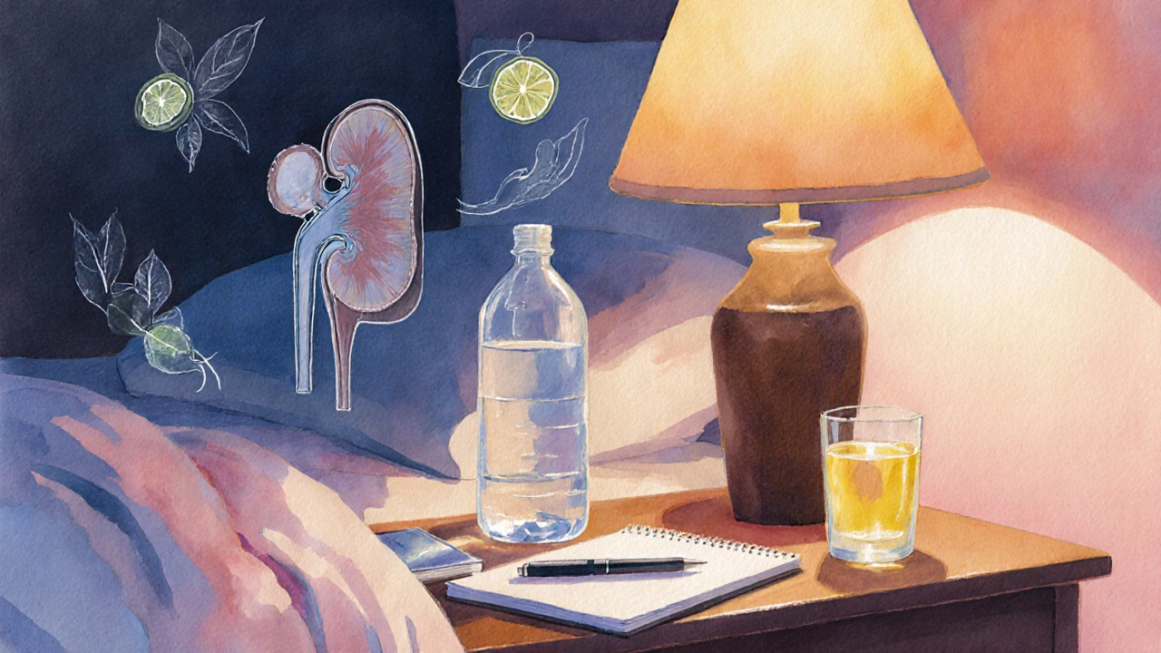 Watercolor bedroom with water bottle, notebook, glass of pale urine, and subtle kidney motif.