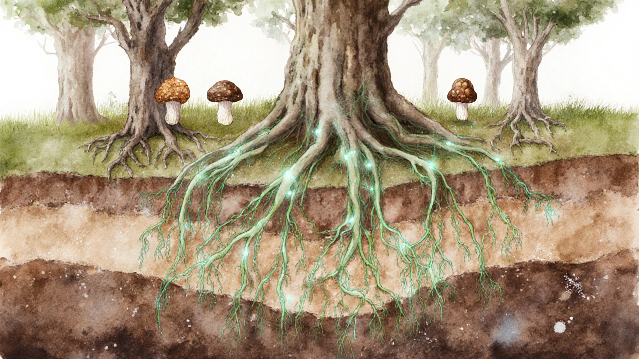 Watercolor of tree roots and truffle mycelium network glowing underground.
