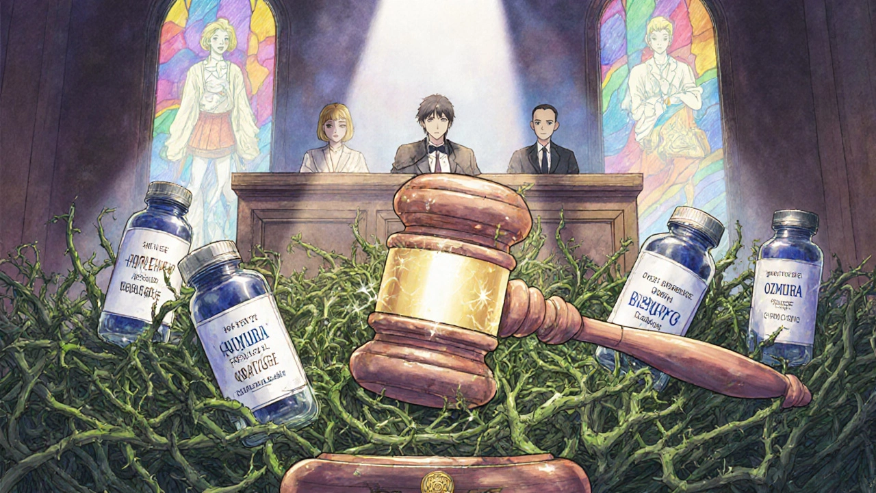 A biosimilar gavel smashes through tangled patents as patients watch under hopeful sunlight.