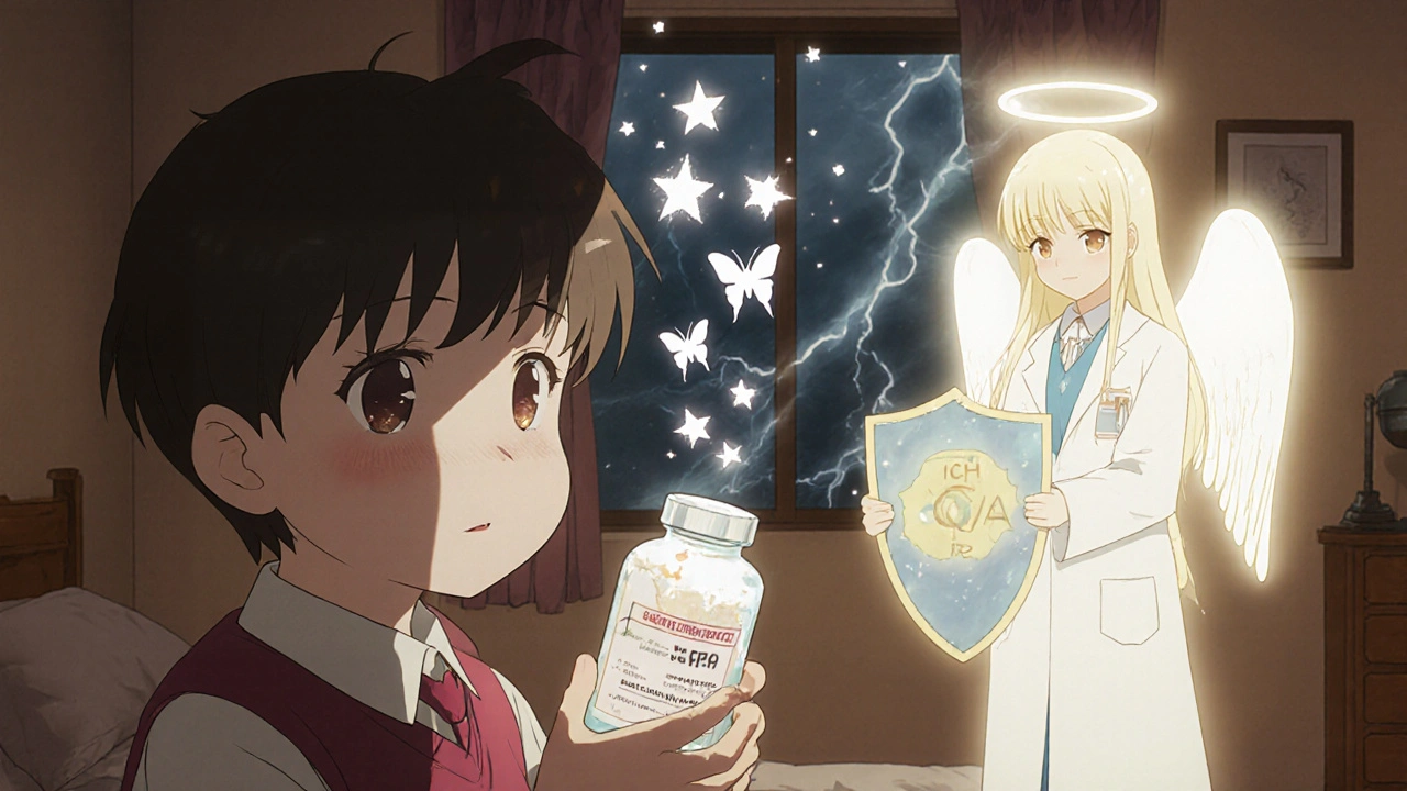 A child holding an expired medicine bottle as spectral degraded molecules drift away, guarded by a lab-coated angel in dreamy anime style.