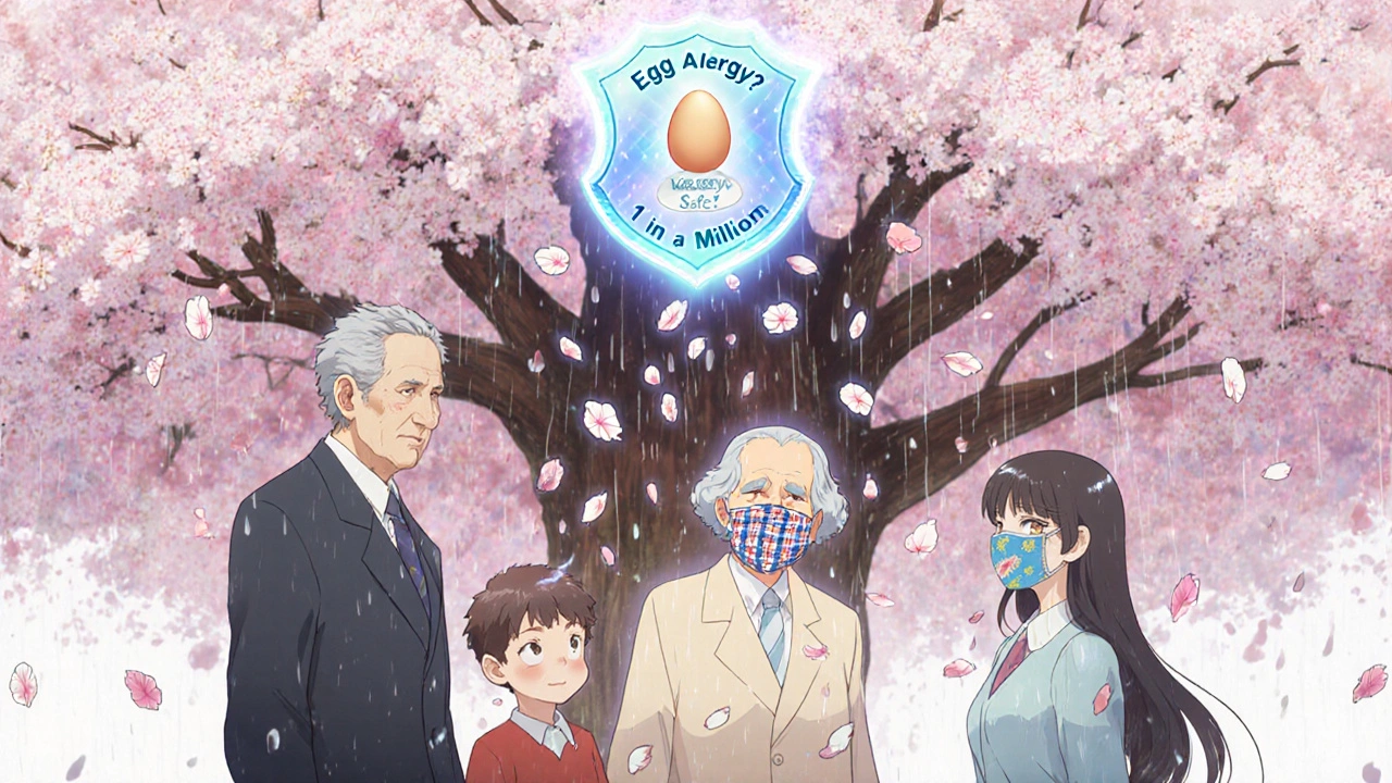 A diverse group under a sakura tree whose petals turn into vaccines, with an egg charm labeled &#039;Safe&#039; nearby.
