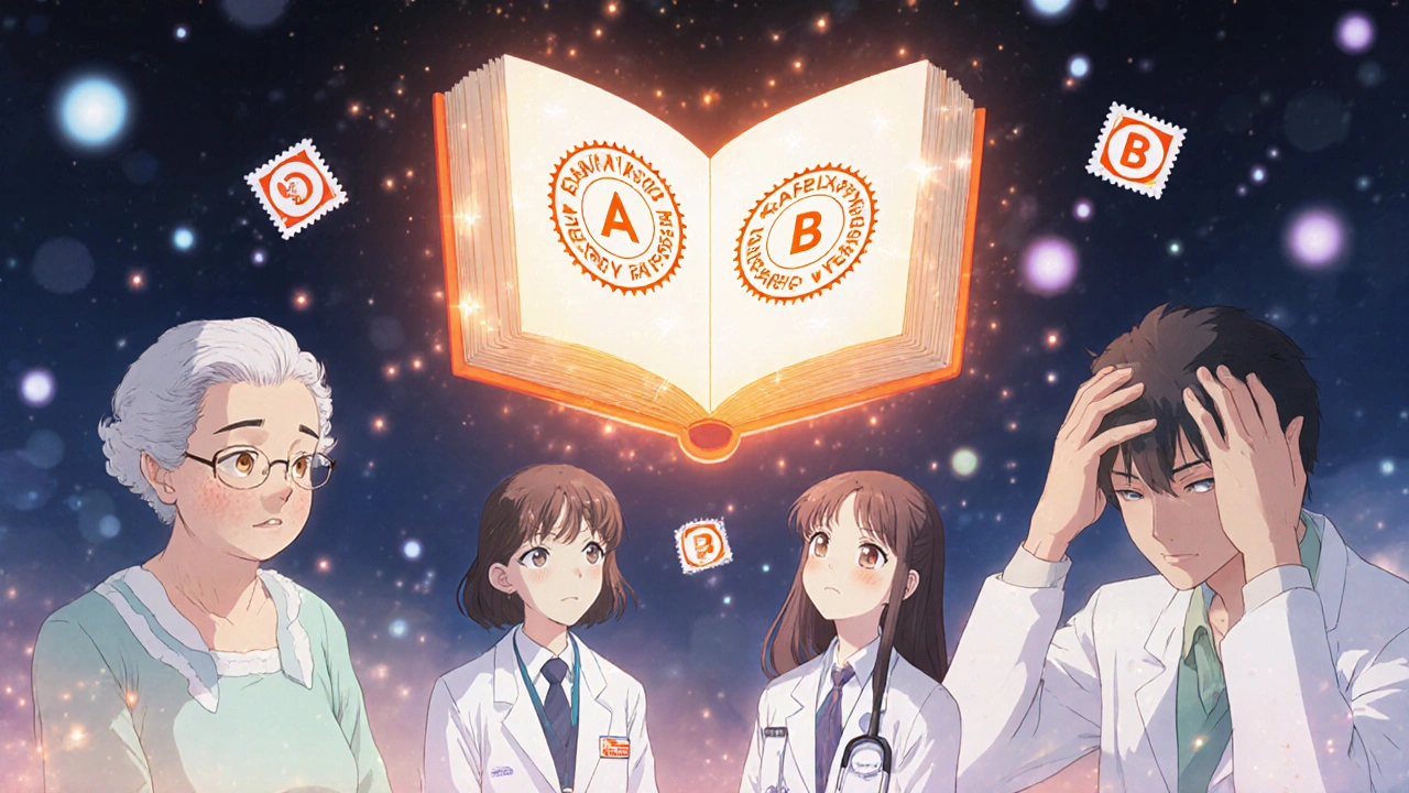 A doctor and patient beside a floating Orange Book with A and B ratings, showing stable and unstable outcomes.