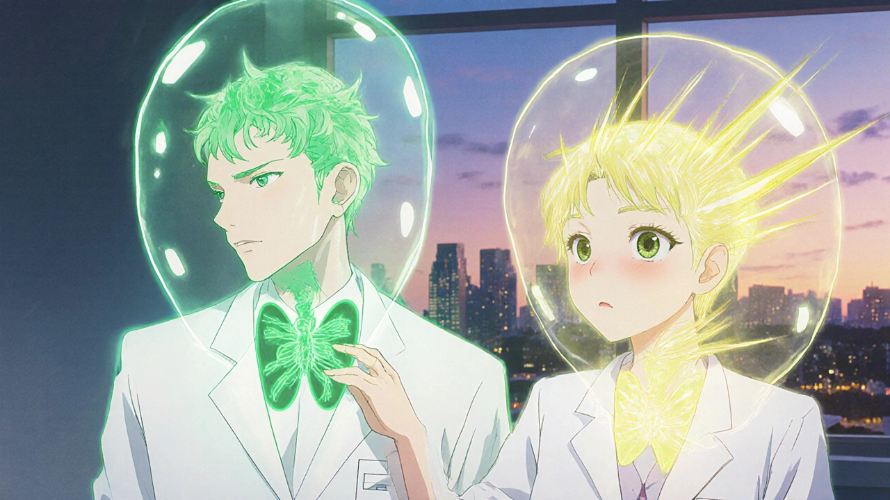 A doctor comforts a patient as two spirit-like thyroid glands glow differently — one steady, one flickering.