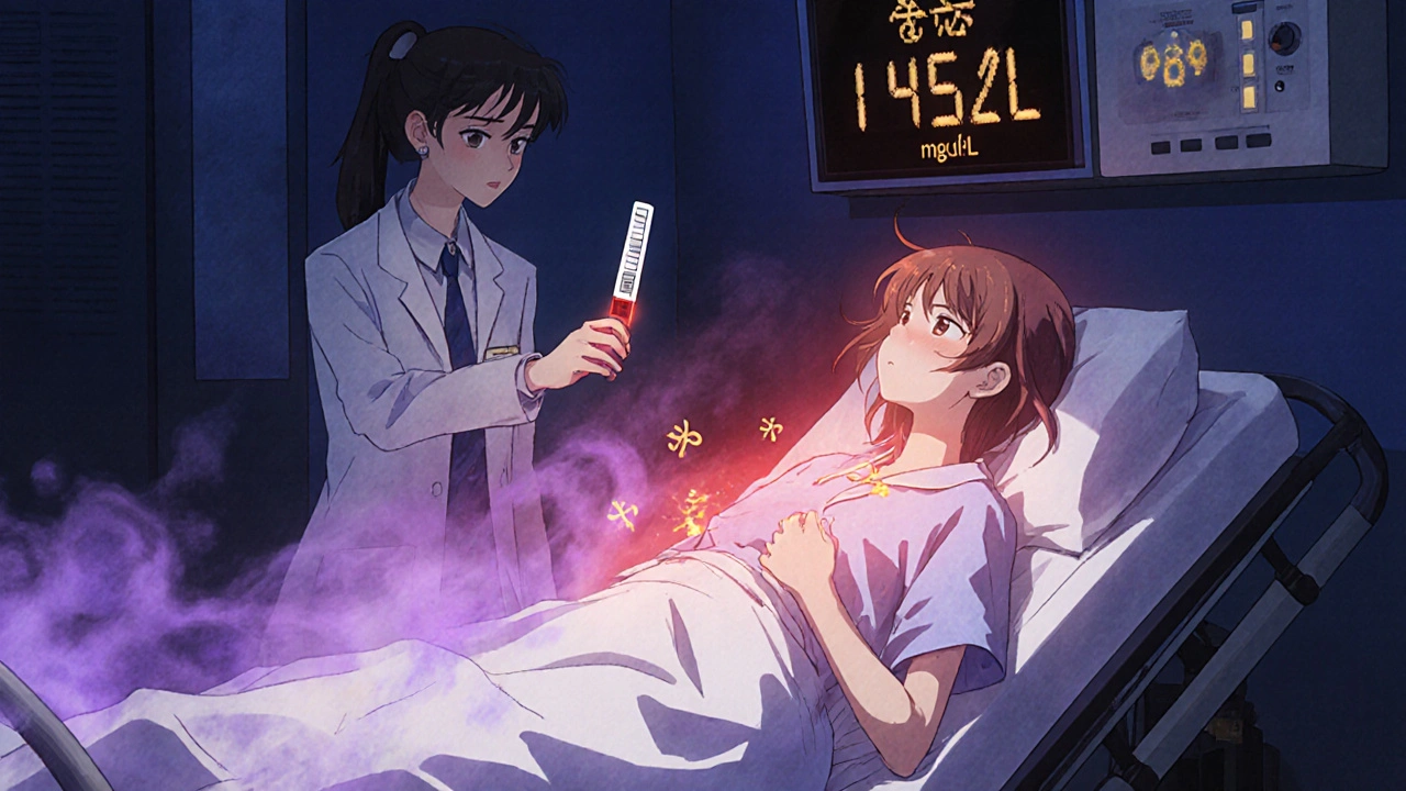 A doctor holding a glowing ketone test strip beside a patient in an ER, glucose levels normal but danger present.