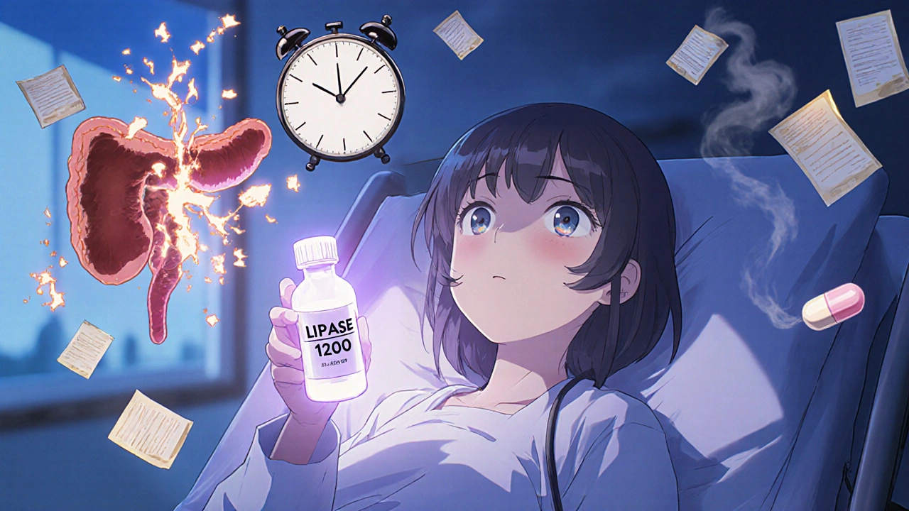 A doctor holding a glowing lipase test result in an ER, surrounded by medical icons and a splitting pancreas.